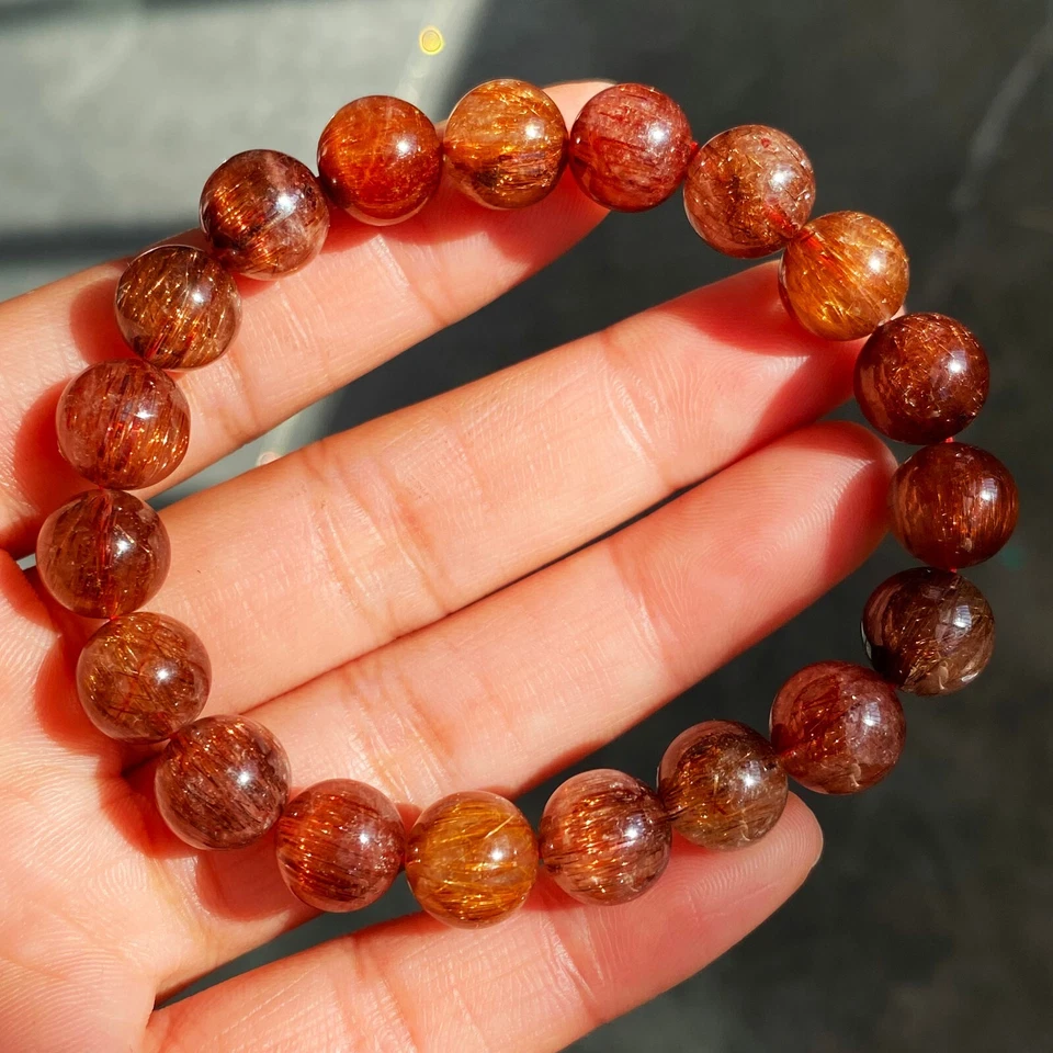 9.5mm Natural Copper Rutilated Quartz Crystal Stretch Beads Bracelet AAAA 13 - Image 3 of 4