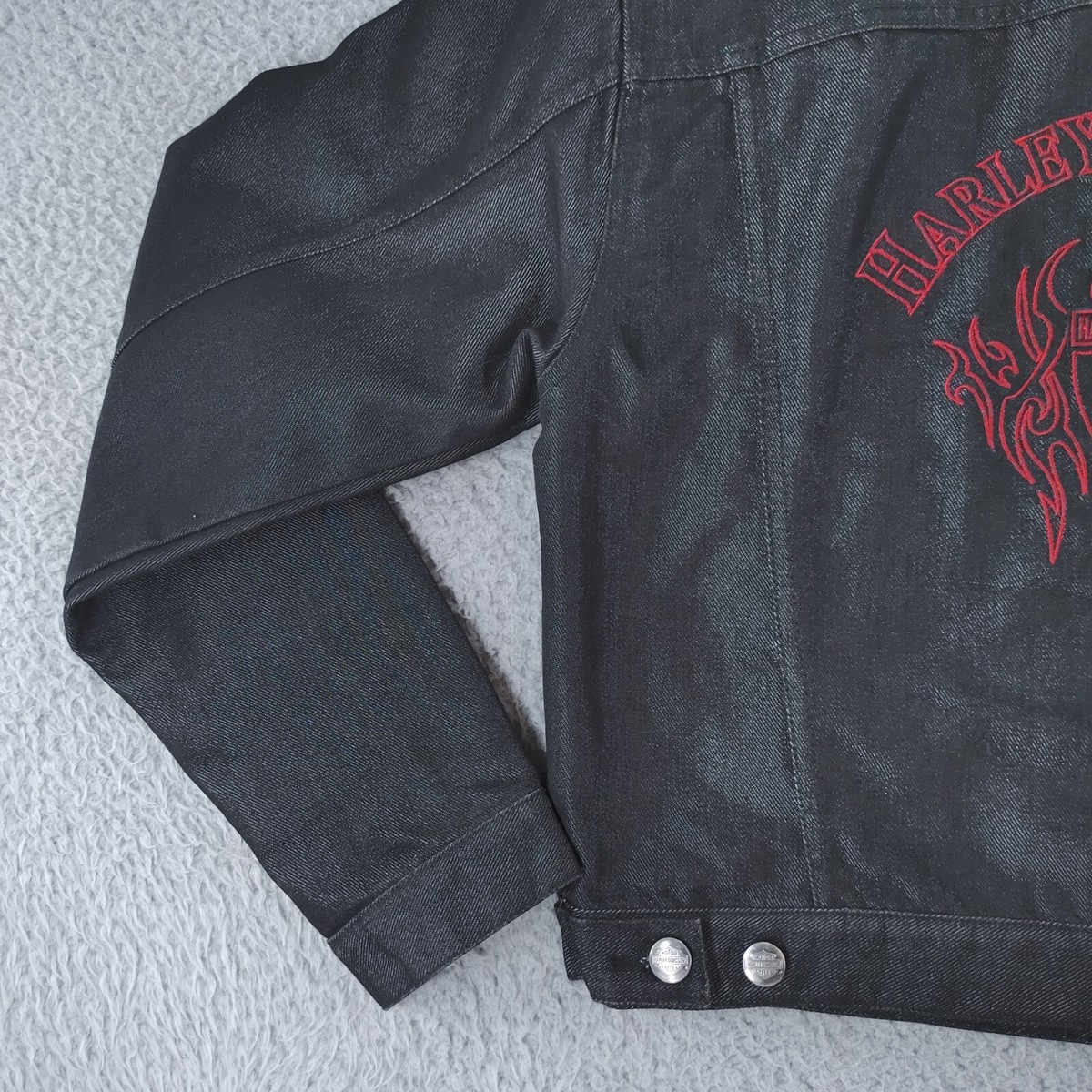Harley Davidson Denim Jacket Women Medium Black Jean Shiny