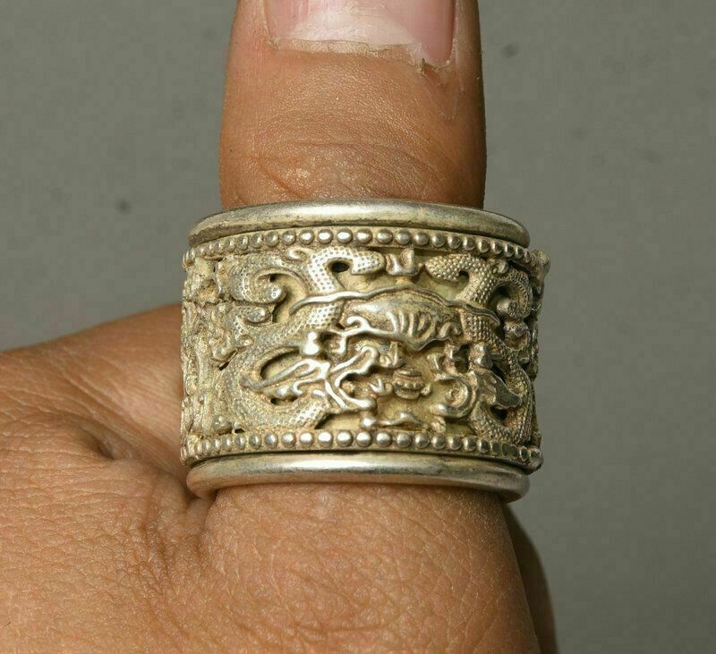 3cm Chinese Old Miao Silver Handmade Dynasty Dragon Woman Finger Ring Statue