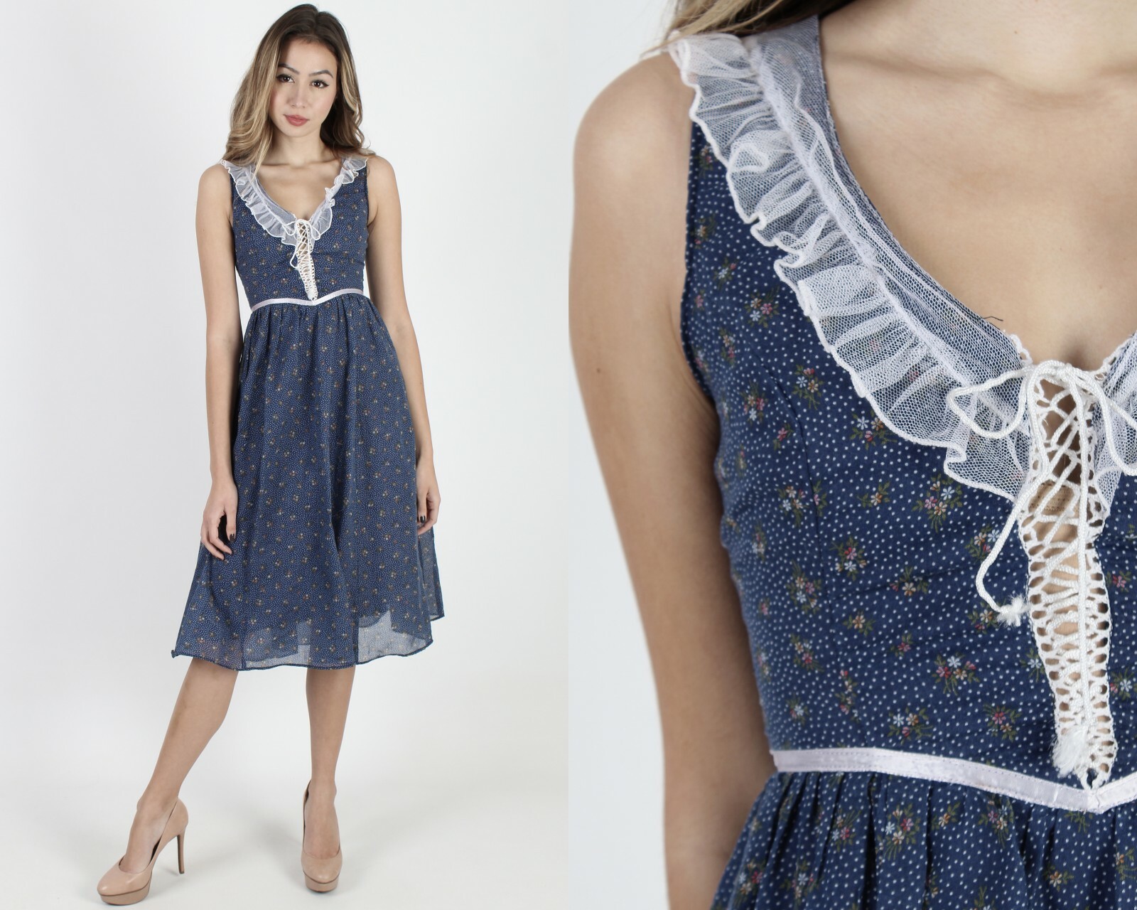 Vintage 70s Gunne Sax Dress Navy Calico Floral Dress Boho Prairie Corset Mini Vintage 70s Gunne Sax Dress Navy Calico Floral Dress Boho Prairie Corset Mini
