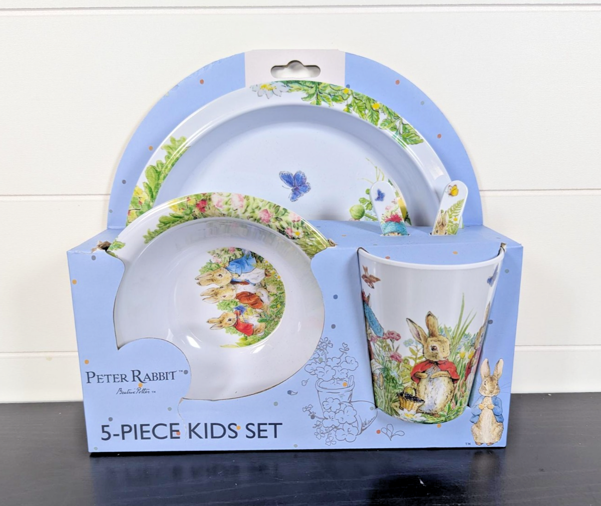 Peter Rabbit 5 Pc Kids Dinner Set Melamine Plate Bowl Cup Cutlery