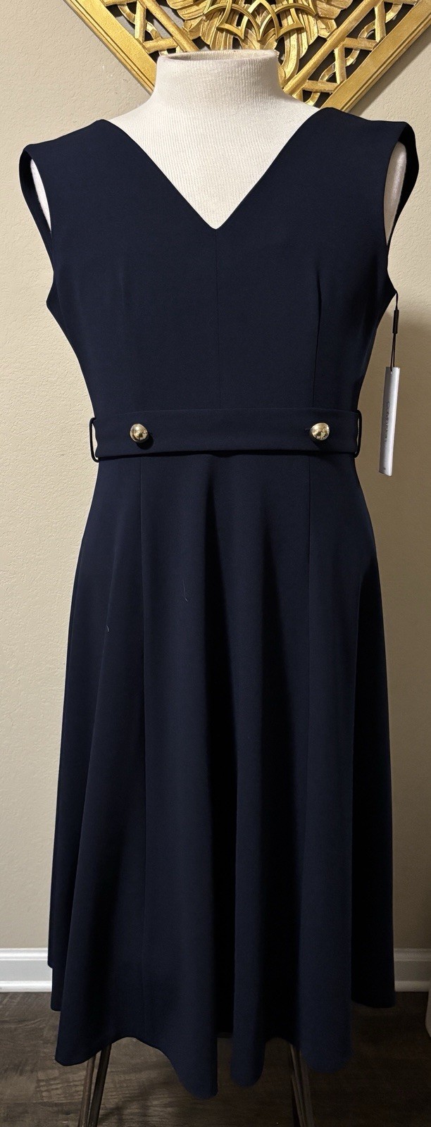 Calvin Klein Fit and Flare Navy Blue Dress With Gold Buttons Accents Size 8