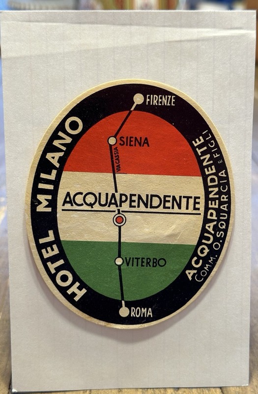 1950s luggage label for Hotel Milano in Acquapendente, Italy