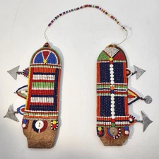 African Maasaï Woman's Beaded Leather Ear Flaps Handmade Beads Sewn Onto Leather