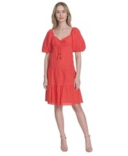 Vince Camuto Eyelet Puff Sleeves V-Neck Dress Women's 6 Pop Open Back Back