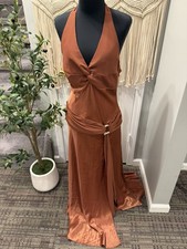 Samantha Vintage Brown Satin Halter V-Neck Ruched Maxi Dress Rhinestone XL