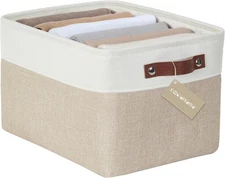 Fabric Storage Basket Closet Organizer Bin for Shelves Linen Beige White