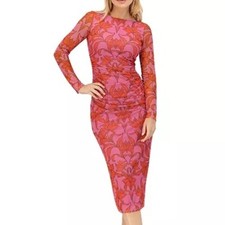 Vince Camuto Bodycon Mesh Sleeve Ruched Floral Pink Dress Womens Size 12 NWT