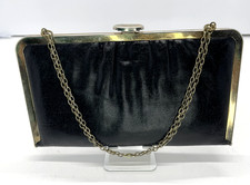 Vintage 1960s Black Leather Gold Hinge and Chain Clutch Purse Bag 60's