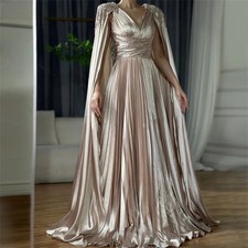 Champagne Pleated Satin Cape Evening Gown Beaded Shoulder Formal Prom Dress