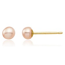 14K Solid Yellow Gold 3mm Pink Button Freshwater Cultured Pearl Stud Earrings