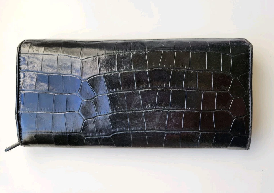Oroton Black Leather Wallet Clutch And Purse Croc Embossed Silver Tone Logo - Image 3 of 4