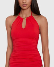 Ralph Lauren Women's High Neck Tummy Control Tankini Top Swimsuit Red 12 5092