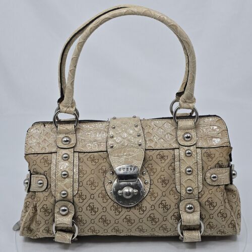 Vintage Y2K GUESS Signature Jacquard/Crochet Embossed Faux Leather Tan Satchel