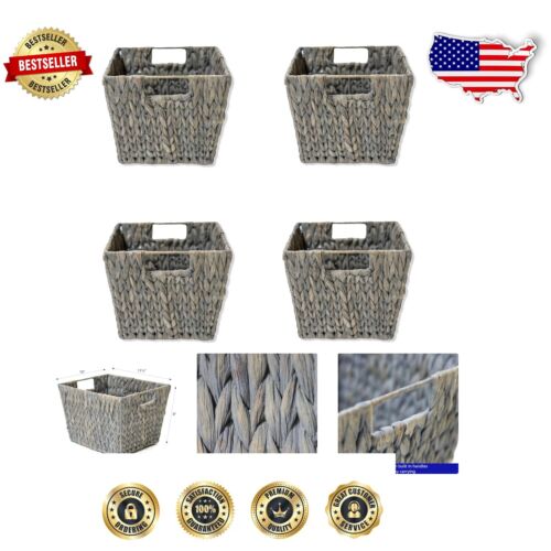 Modern Rectangular Hyacinth Storage Baskets with Carrying Handles - 4-Piece Set