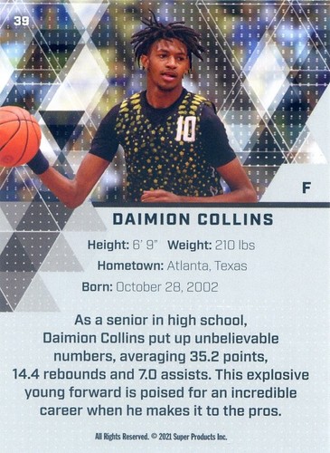 2021 Super Glow Sports Inaugural DAIMION COLLINS 1st Ever Base Silver Card #39 - Picture 2 of 2