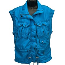 Lavon Sport Vintage 90s Womens Vest Jacket Medium Satin Blue Pockets Sleeveless