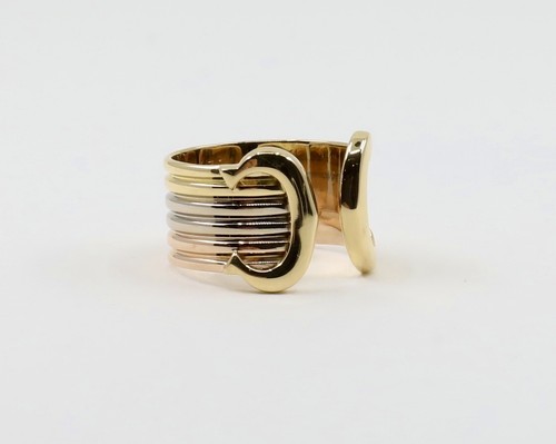 Cartier Logo Double C 2C Tri-Color Gold Band Ring Wide Sz 5.25 (EU50) No Diamond - Picture 1 of 9
