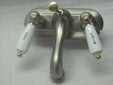 Bathroom Faucet, Stainless Steel, White Hadles, Gold Trim. Hardware Included
