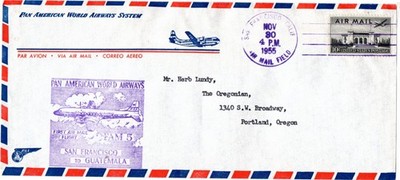 US Pan Am 1955 FAM 5 FFC San Francisco - Guatemala via Miami.
