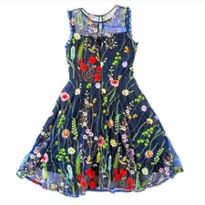 Morgan & Co. Women's Formal Mini Dress Size 5 Navy Blue Floral Embroidery Fairy