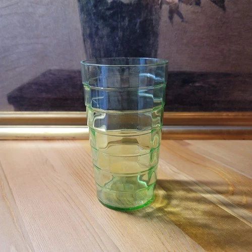 The Hocking Glass Block Optic Green Tumbler 12 oz Uranium Vaseline 4 7/8”