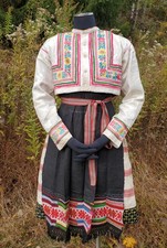 Antique Slovak folk costume Vazec kroj indigo linen skirt embroidered apron rare