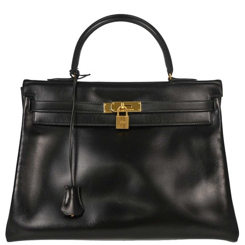 Hermes Kelly Black Box Calf With Gold Hardware Black Calfskin Handbag