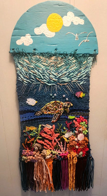 Coral Reef Turtle Weaving Yarn & Embroidery Macrame  Colorful Wall Art 14'' X 34''
