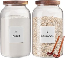 2 Pack Glass Storage Jars with Airtight Wooden Lids, 2700ml Large Clear Kitchen