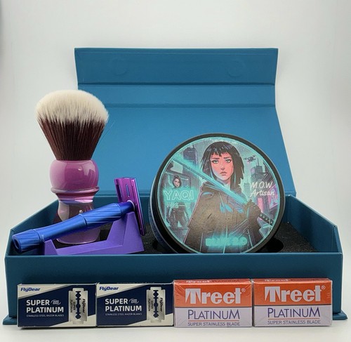 Yaqi DLC-YAQI Shaving Kit Blue/Purple Synthetic Brush 24mm, 3in Bowl, Blades