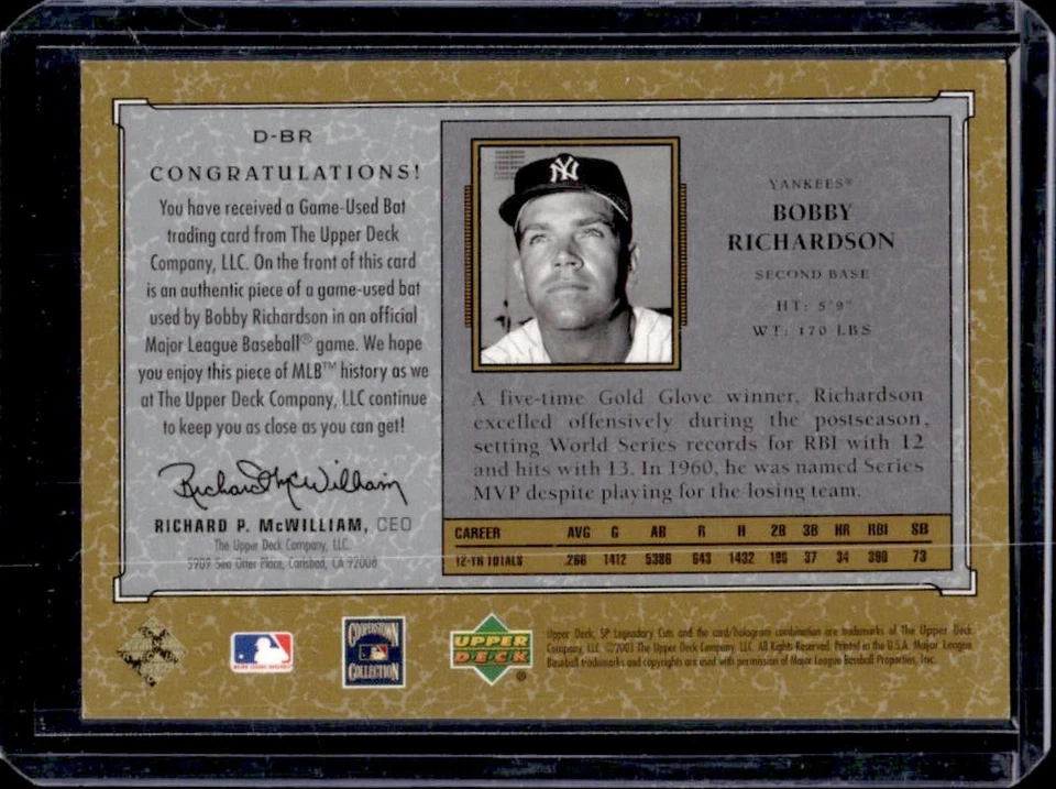 2001 SP Legendary Cuts Bobby Richardson Debut Game Bat #D-BR Yankees - Image 2 of 2