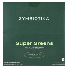 2 X Cymbiotika, Super Greens, With Chlorophyll, Citrus Lime, 30 Pouches, 15 ml E