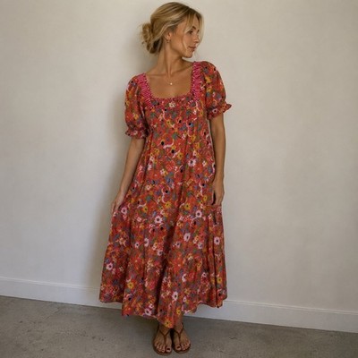 Printfresh Muse Floral Midi Dress Peach Cobbler Smocked Puff Sleeve XS Cottage