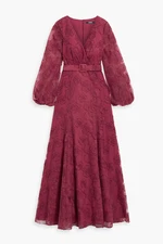 New, Badgley Mischka Belted Embroidered Tulle Gown in Burgundy Size 12 #LD062