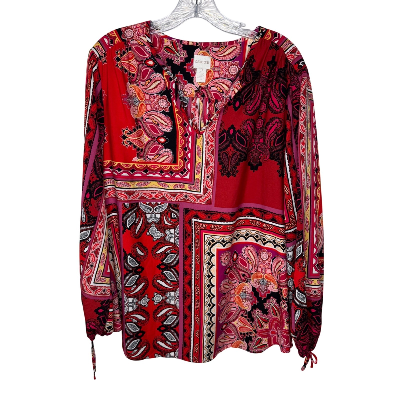 Chicos Red Paisley Patchwork Split Neck Blouse Si… - image 1