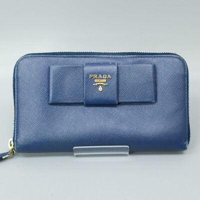 PRADA Saffiano Fiocco Ribbon Zip Around Long Wallet Blue