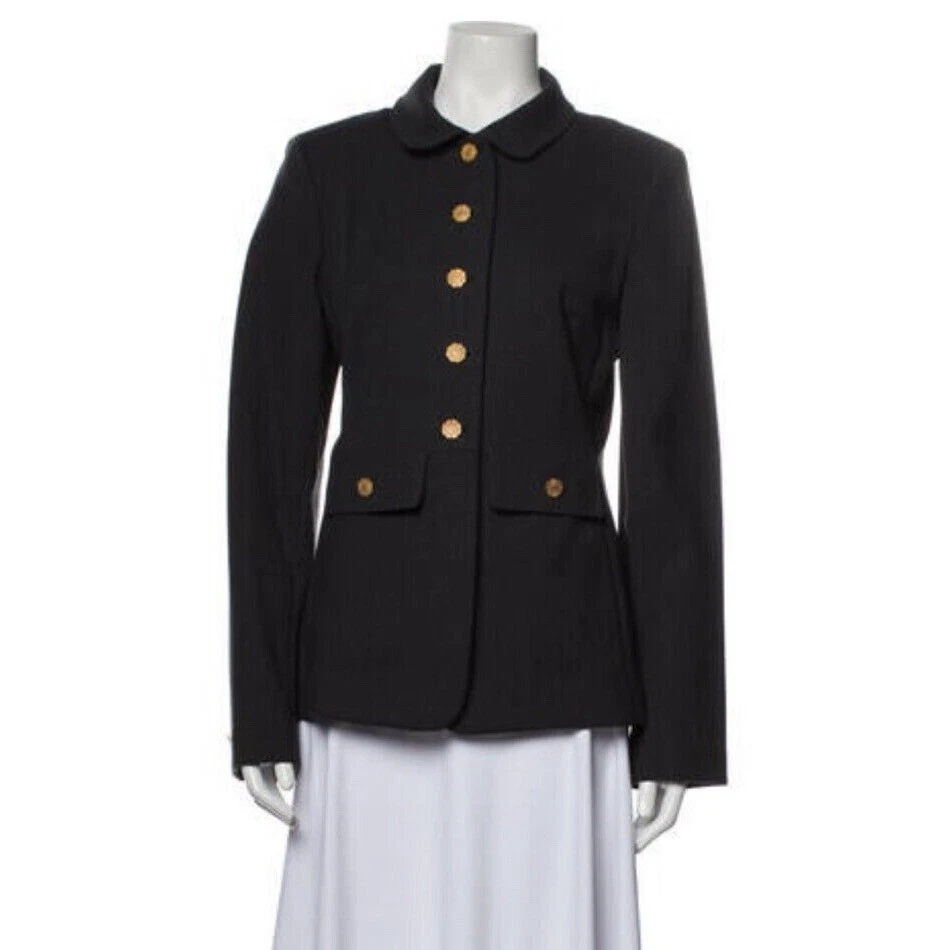 Erin Snow Jacket Grey Point Collar Vent Side Pockets Button Up Military Coat M
