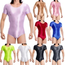 Men Short Sleeve Jumpsuits Glossy Bodysuits One Piece Swimsuits Stretchy Rompers