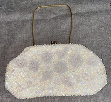 Vintage White Bead Sequined Purse Handmade British Hong Kong