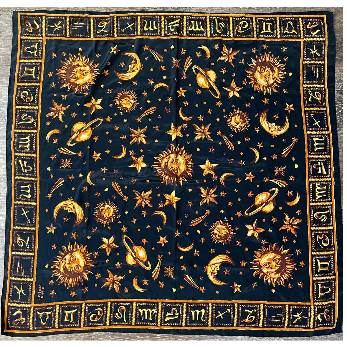 Vintage Gianni Versace Sun Moon Stars Astrological Zodiac Silk Scarf Black Gold