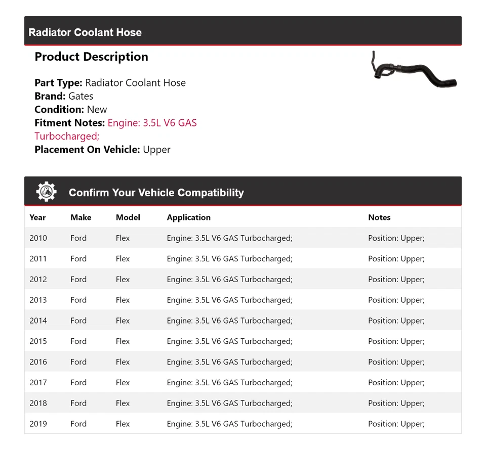 Manguera de refrigerante de radiador Ford Flex 2010-2019 puertas superiores 2011 2012 2013 2014 Foto 2 de 3