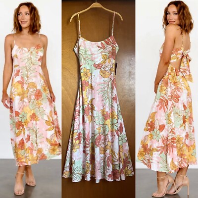 Midi Tropical Open Tie Back Sun Dress S Linen Blend Neutral ￼Pastel Floral Beach