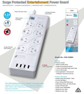Sansai 8 Outlets & 4 USB Outlets Surge Protected Powerboard Master On ...