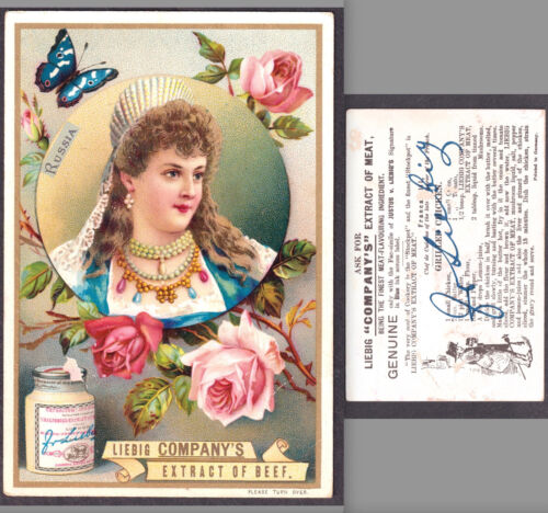 Liebig -1892 Grilled CHICKEN Recipe English Language Russia National Beauty Card - Afbeelding 1 van 9