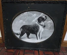 Rare 1902 St. Bernard Lithograph Dog Art by L.M. Johnson Antique ornate frame