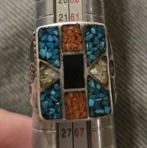 Vintage Native American Sterling Silver Chipped Turquoise Coral Ring - Size 10.5