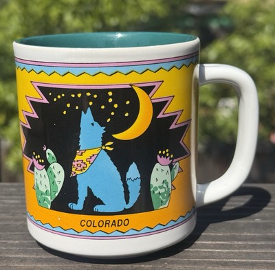 Vintage Colorado Coyote Wolf Howling Moon Cactus Aztec Souvenir Coffee Mug