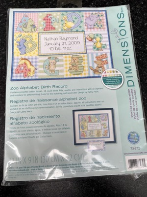 Dimensions Counted Cross Stitch Kit: Birth Record: Zoo Alphabet