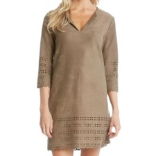 Karen Kane Faux Suede Eyelet Mini Shift Dress Women's Large Boho Minimalist Chic